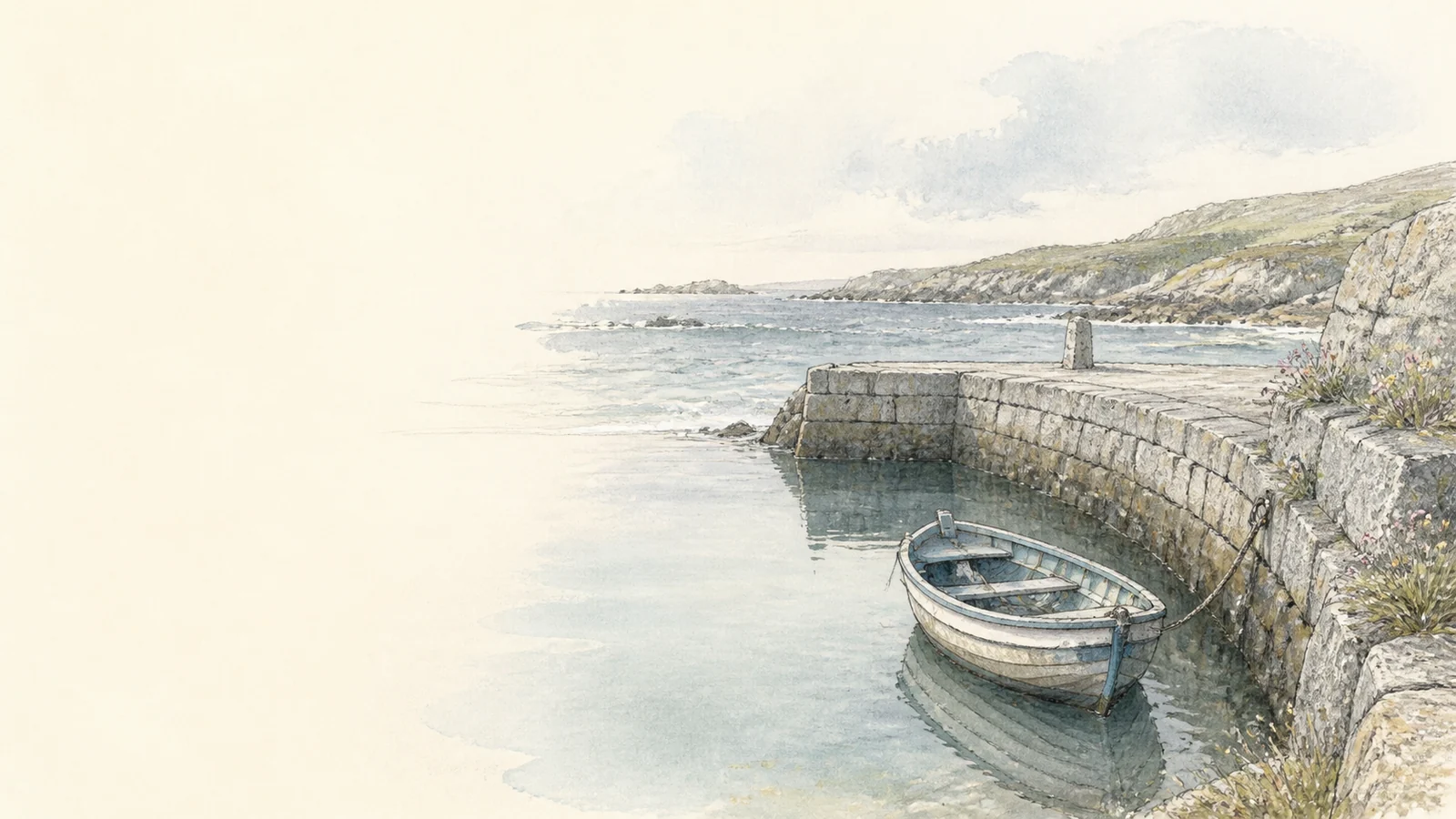 A small rowboat sheltered behind a curved granite harbour wall.