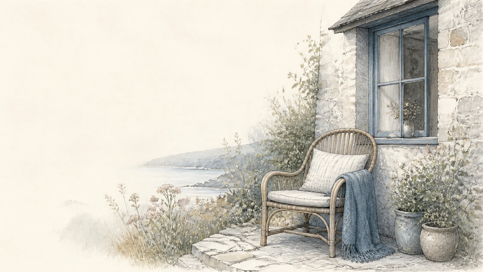A comfortable chair and folded blue blanket beside a cottage window.