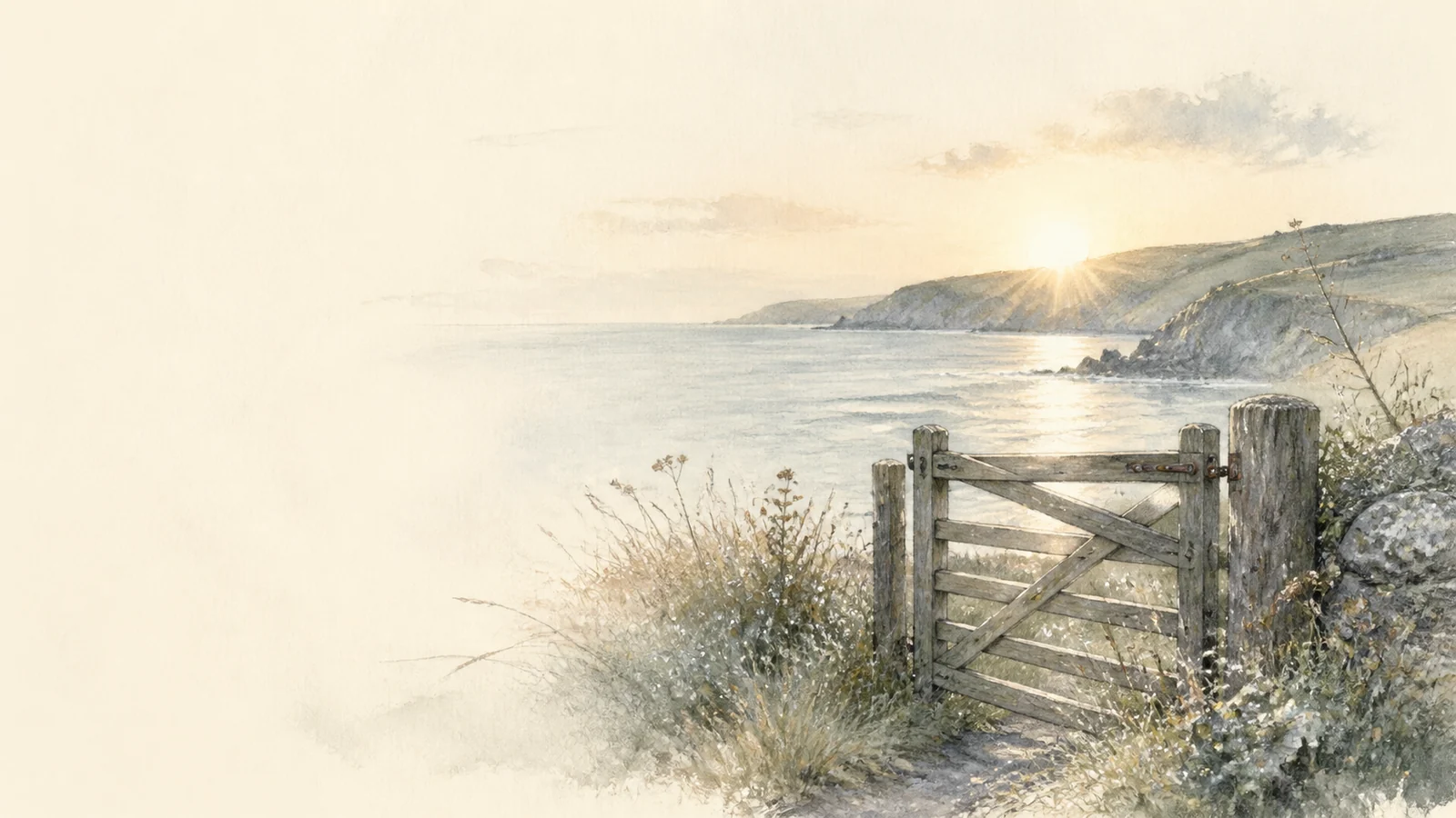 Morning light over the coast, seen through an open wooden gate.