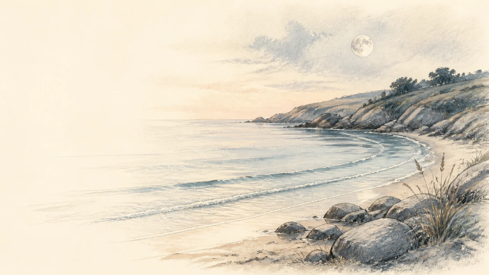 A moonlit Cornish cove with quiet water and shoreline rocks.