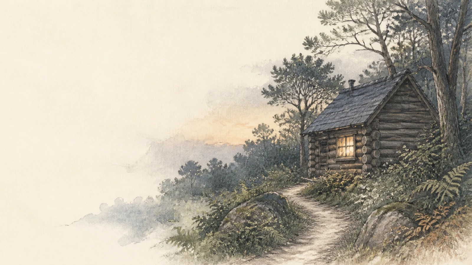 A small timber cabin with a warm window beside quiet woodland.