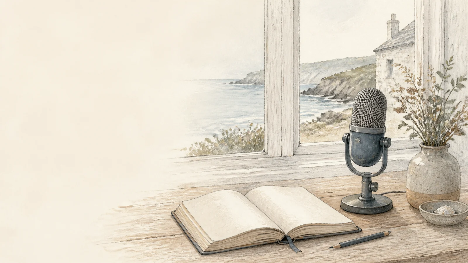 A small microphone and open notebook beside a coastal window.